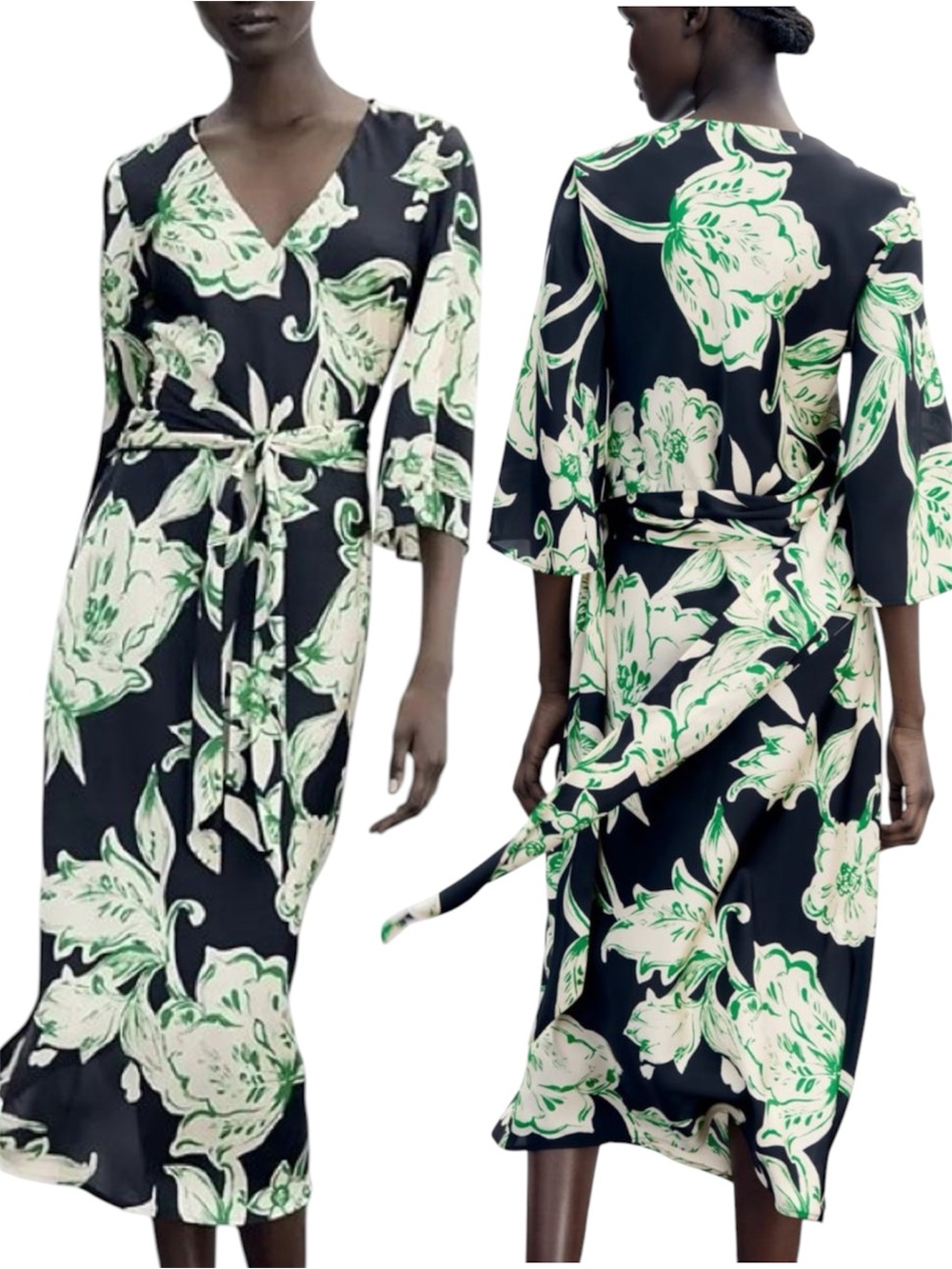 Zara Black Green Cream Floral V-Neck Belted Midi Dress Ruffle Boho Sleeve Sz M